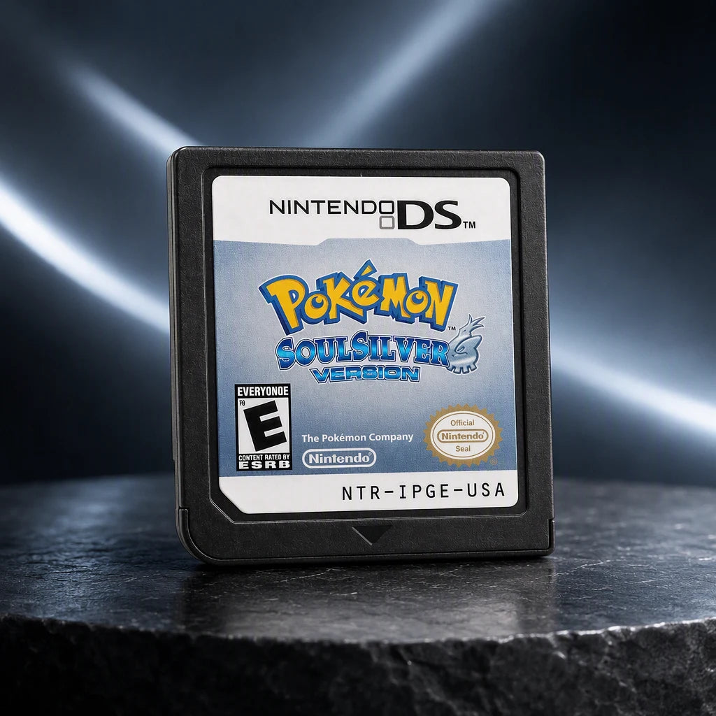 Representative Pokemon SoulSilver Version one loose black North American Nintendo DS cartridge in a dark collector studio with sculpted side light, not the specific RGM unit