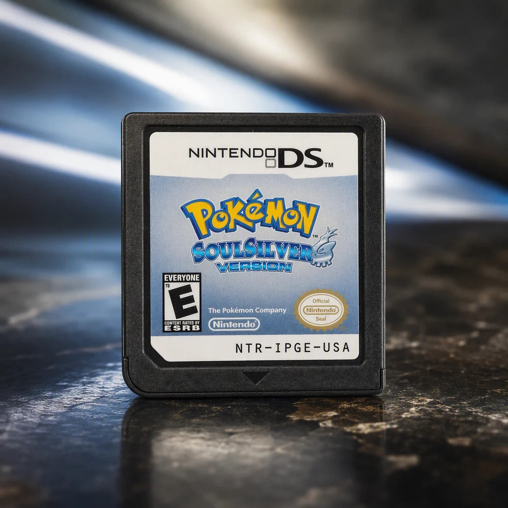 Representative Pokemon SoulSilver Version one loose black North American Nintendo DS cartridge on a warm editorial tabletop with shallow depth of field, not the specific RGM unit