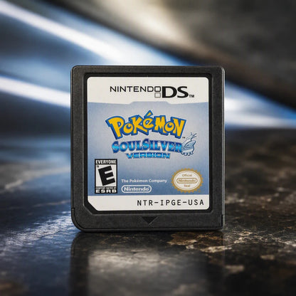Representative Pokemon SoulSilver Version one loose black North American Nintendo DS cartridge on a warm editorial tabletop with shallow depth of field, not the specific RGM unit