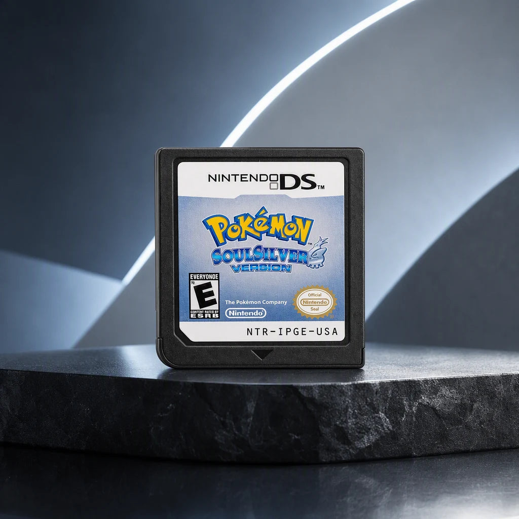 Representative Pokemon SoulSilver Version one loose black North American Nintendo DS cartridge in a bold architectural color set, not the specific RGM unit