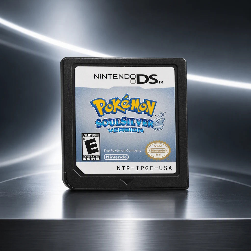 Representative Pokemon SoulSilver Version one loose black North American Nintendo DS cartridge on a brushed-metal gallery pedestal, not the specific RGM unit