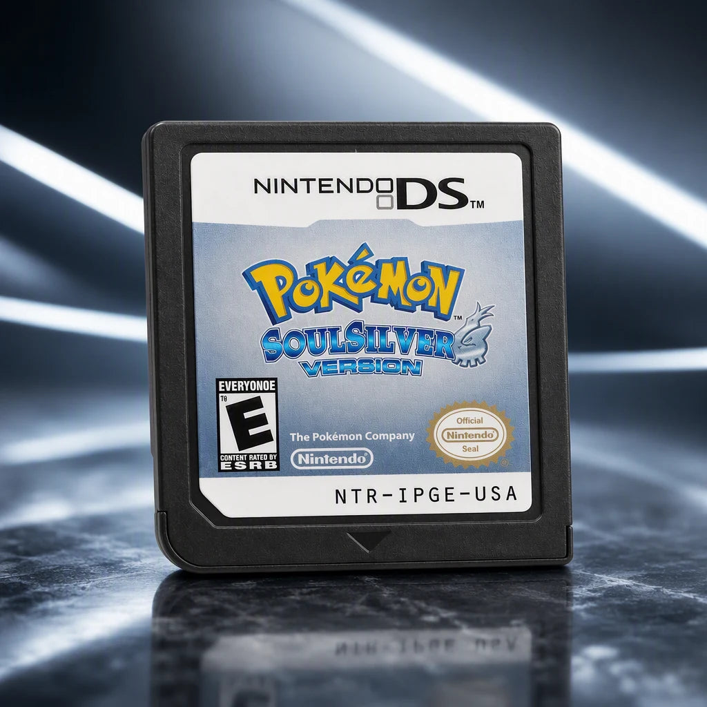 Representative Pokemon SoulSilver Version one loose black North American Nintendo DS cartridge in a close macro view of the authentic printed identity, not the specific RGM unit