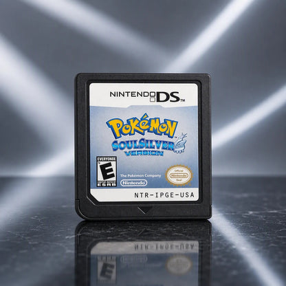 Representative Pokemon SoulSilver Version one loose black North American Nintendo DS cartridge under a shaped studio light pattern, not the specific RGM unit