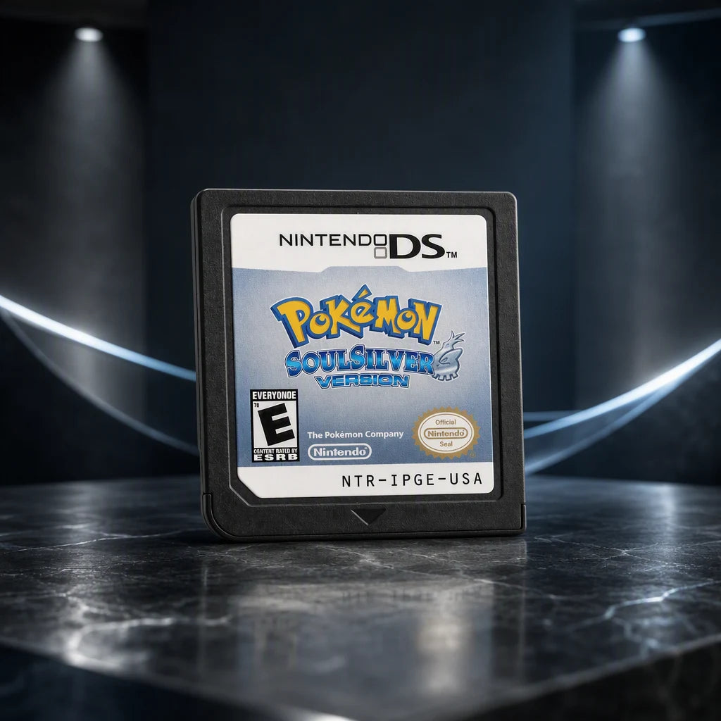 Representative Pokemon SoulSilver Version one loose black North American Nintendo DS cartridge displayed alone in a dark museum alcove, not the specific RGM unit