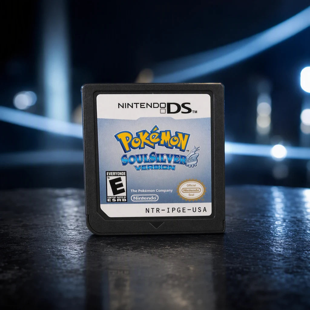 Representative Pokemon SoulSilver Version one loose black North American Nintendo DS cartridge in a cinematic night interior with soft background lights, not the specific RGM unit