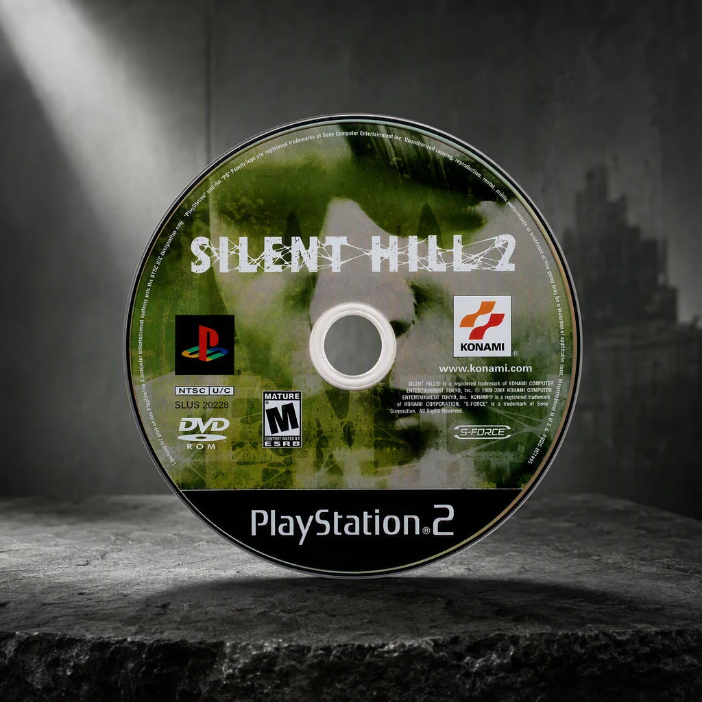 Representative Silent Hill 2 one loose black-label North American PlayStation 2 DVD disc in a dark collector studio with sculpted side light, not the specific RGM unit