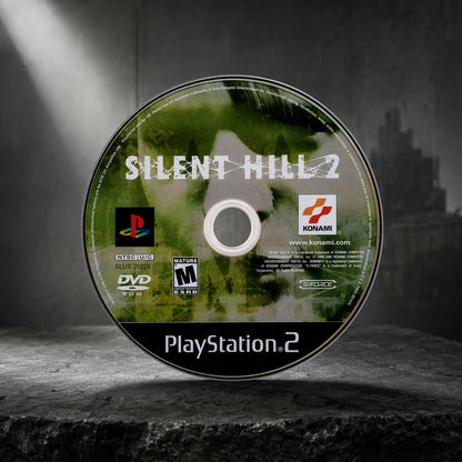 Representative Silent Hill 2 one loose black-label North American PlayStation 2 DVD disc in a dark collector studio with sculpted side light, not the specific RGM unit
