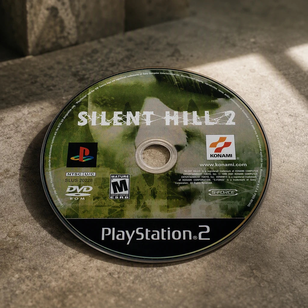 Representative Silent Hill 2 one loose black-label North American PlayStation 2 DVD disc on a warm editorial tabletop with shallow depth of field, not the specific RGM unit
