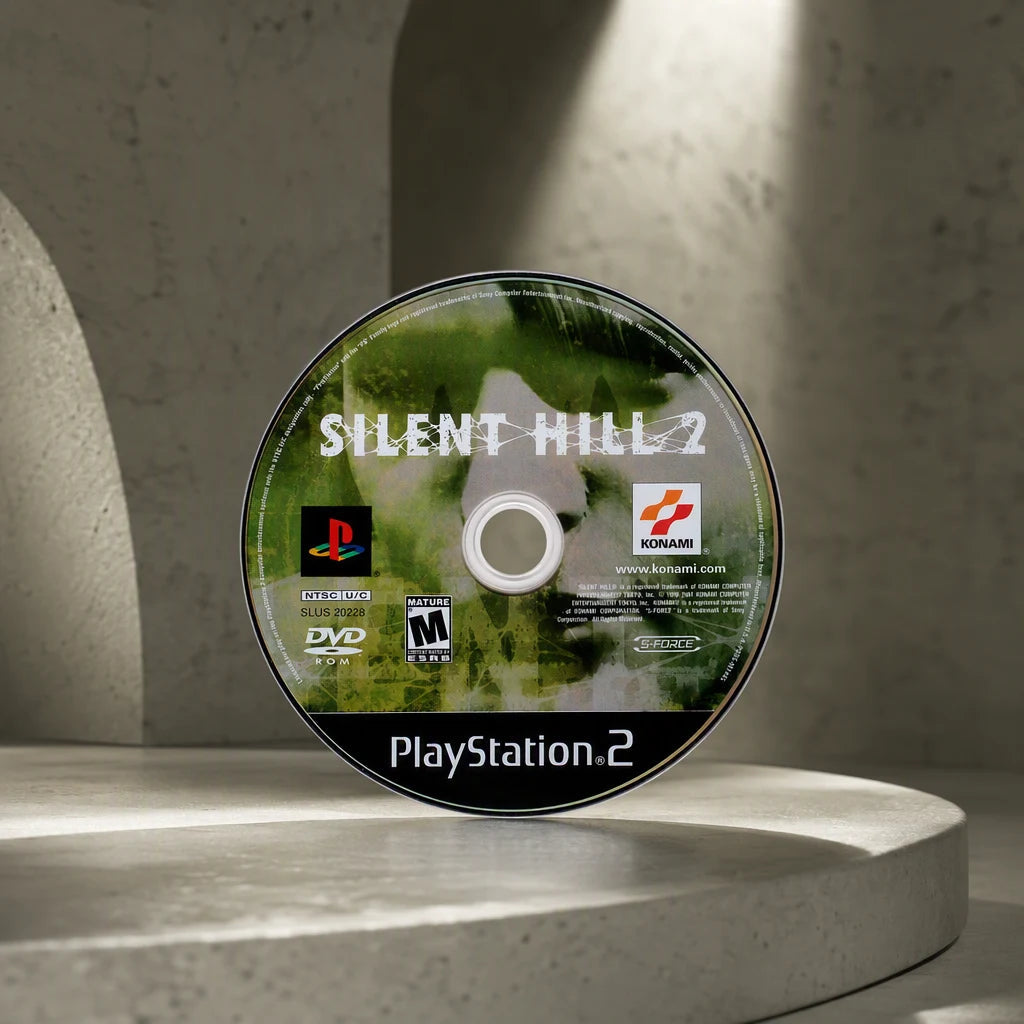 Representative Silent Hill 2 one loose black-label North American PlayStation 2 DVD disc in a bold architectural color set, not the specific RGM unit