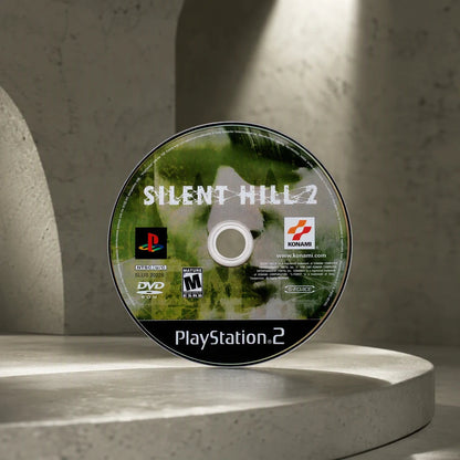 Representative Silent Hill 2 one loose black-label North American PlayStation 2 DVD disc in a bold architectural color set, not the specific RGM unit