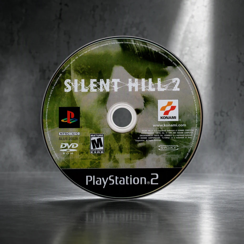 Representative Silent Hill 2 one loose black-label North American PlayStation 2 DVD disc on a brushed-metal gallery pedestal, not the specific RGM unit