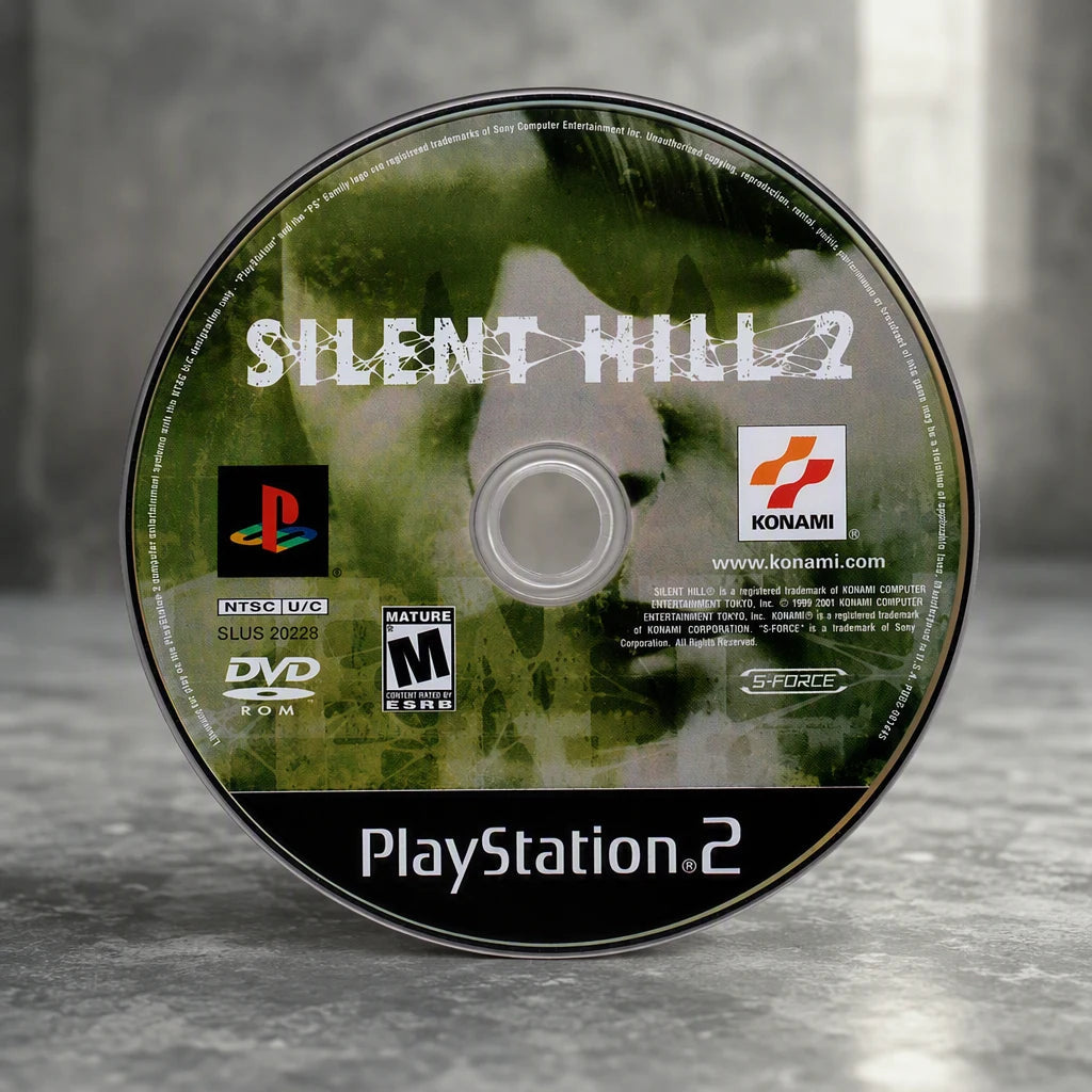 Representative Silent Hill 2 one loose black-label North American PlayStation 2 DVD disc in a close macro view of the authentic printed identity, not the specific RGM unit