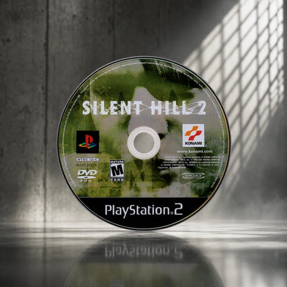 Representative Silent Hill 2 one loose black-label North American PlayStation 2 DVD disc under a shaped studio light pattern, not the specific RGM unit