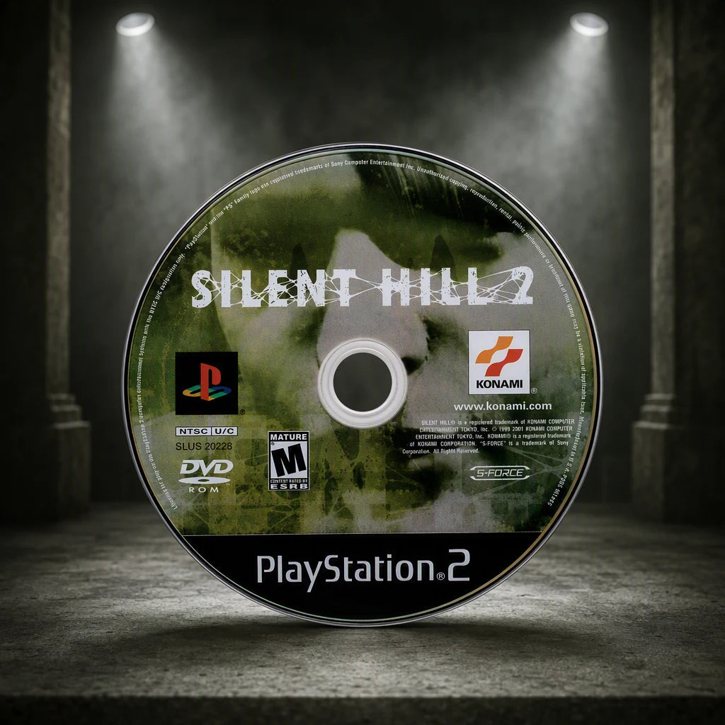 Representative Silent Hill 2 one loose black-label North American PlayStation 2 DVD disc displayed alone in a dark museum alcove, not the specific RGM unit