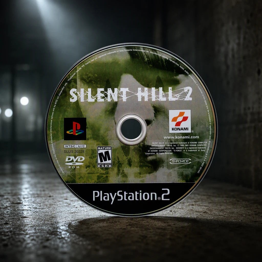 Representative Silent Hill 2 one loose black-label North American PlayStation 2 DVD disc in a cinematic night interior with soft background lights, not the specific RGM unit