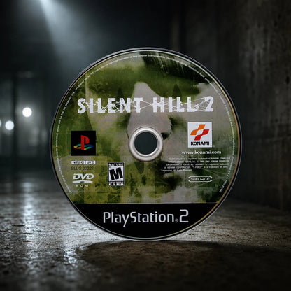 Representative Silent Hill 2 one loose black-label North American PlayStation 2 DVD disc in a cinematic night interior with soft background lights, not the specific RGM unit