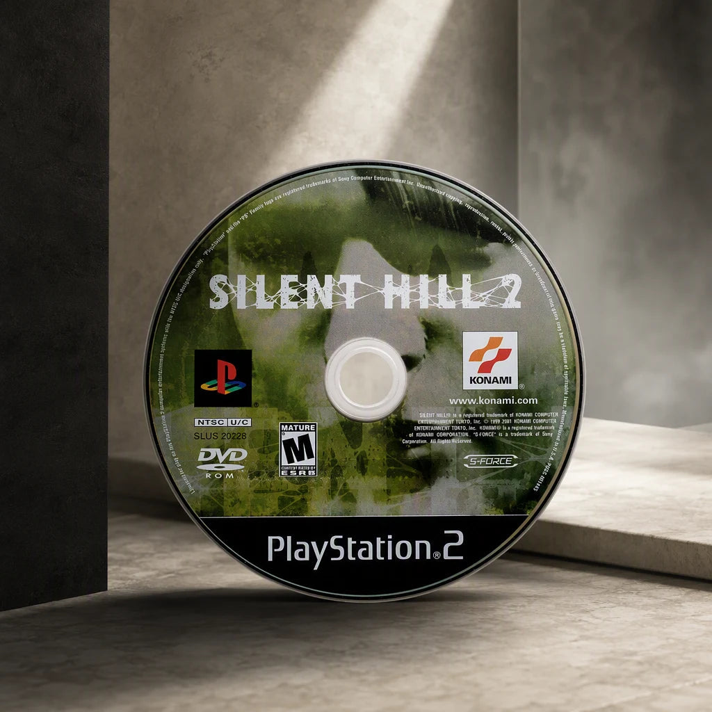 Representative Silent Hill 2 one loose black-label North American PlayStation 2 DVD disc in a cream and charcoal editorial composition, not the specific RGM unit