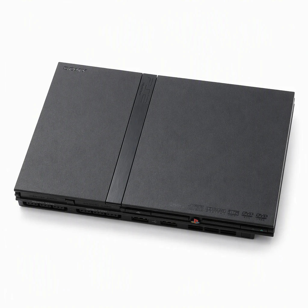 Representative PlayStation 2 Slim system one standalone black PlayStation 2 Slim console on a clean white catalog background, not the specific RGM unit