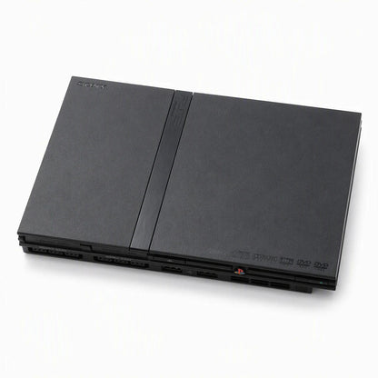 Representative PlayStation 2 Slim system one standalone black PlayStation 2 Slim console on a clean white catalog background, not the specific RGM unit