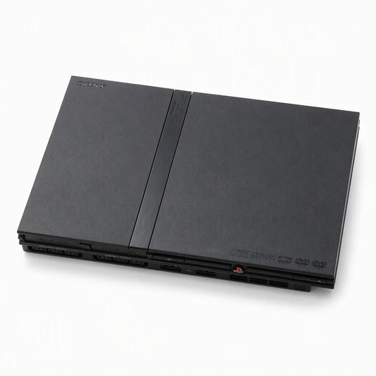 Representative PlayStation 2 Slim system one standalone black PlayStation 2 Slim console on a clean white catalog background, not the specific RGM unit