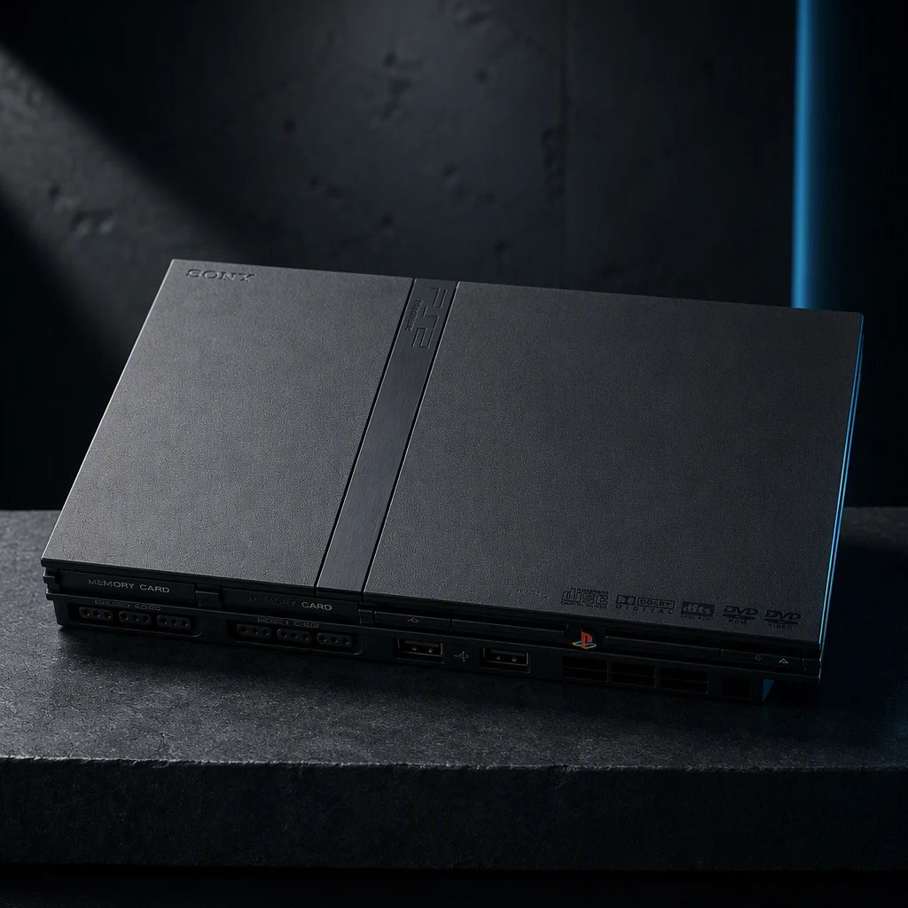 Representative PlayStation 2 Slim system one standalone black PlayStation 2 Slim console in a dark collector studio with sculpted side light, not the specific RGM unit