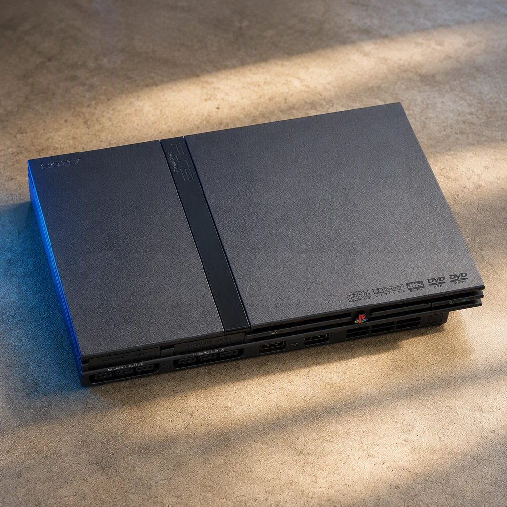 Representative PlayStation 2 Slim system one standalone black PlayStation 2 Slim console on a warm editorial tabletop with shallow depth of field, not the specific RGM unit