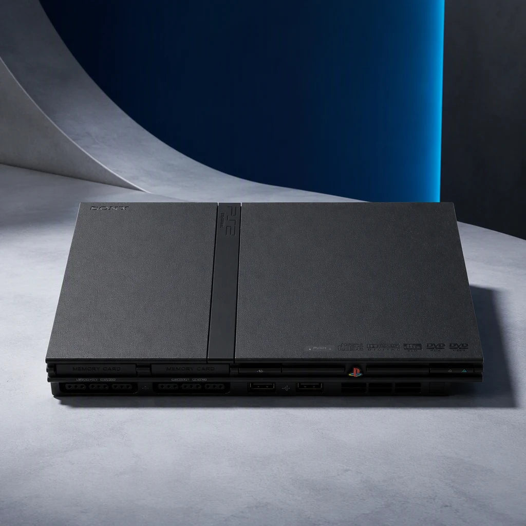Representative PlayStation 2 Slim system one standalone black PlayStation 2 Slim console in a bold architectural color set, not the specific RGM unit