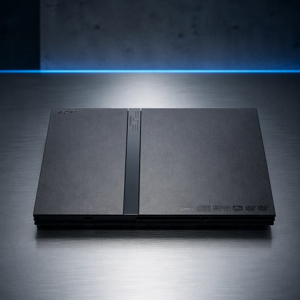 Representative PlayStation 2 Slim system one standalone black PlayStation 2 Slim console on a brushed-metal gallery pedestal, not the specific RGM unit