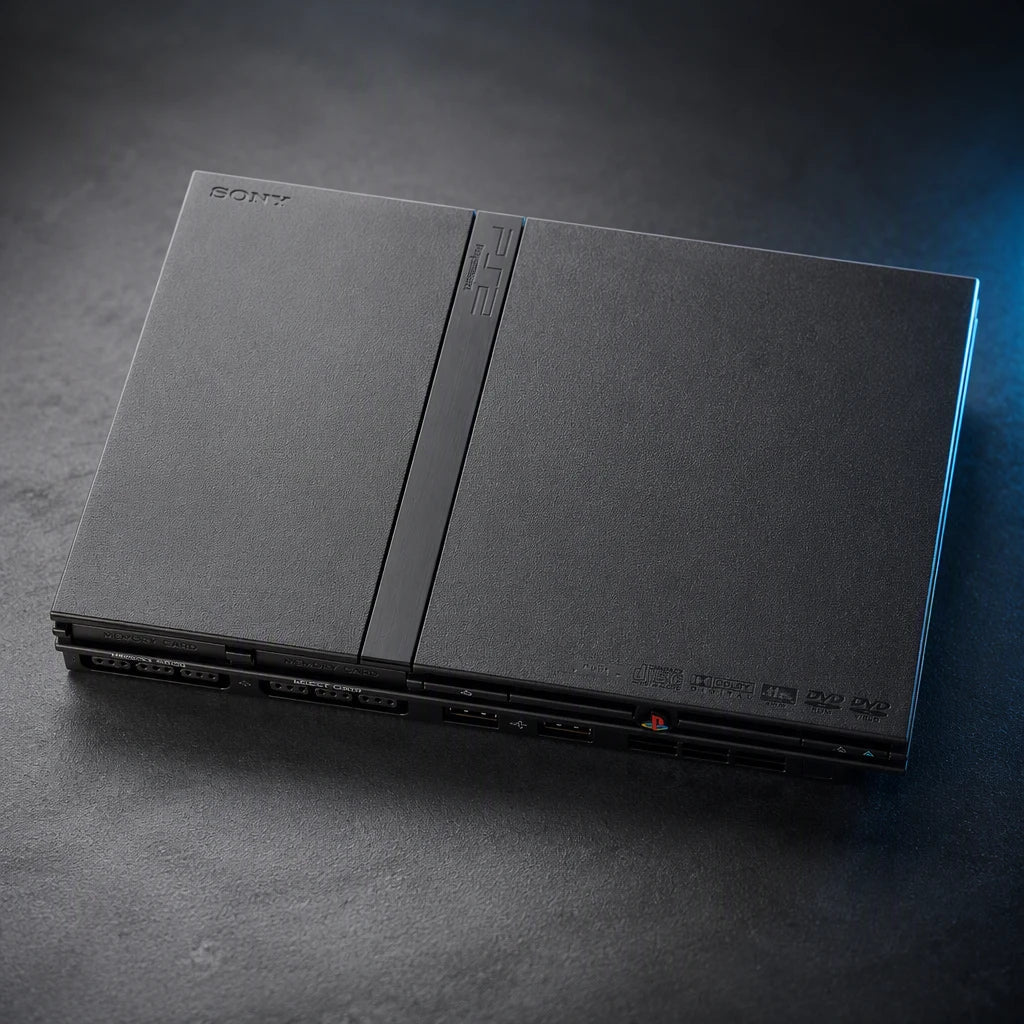 Representative PlayStation 2 Slim system one standalone black PlayStation 2 Slim console in a close macro view of the authentic printed identity, not the specific RGM unit