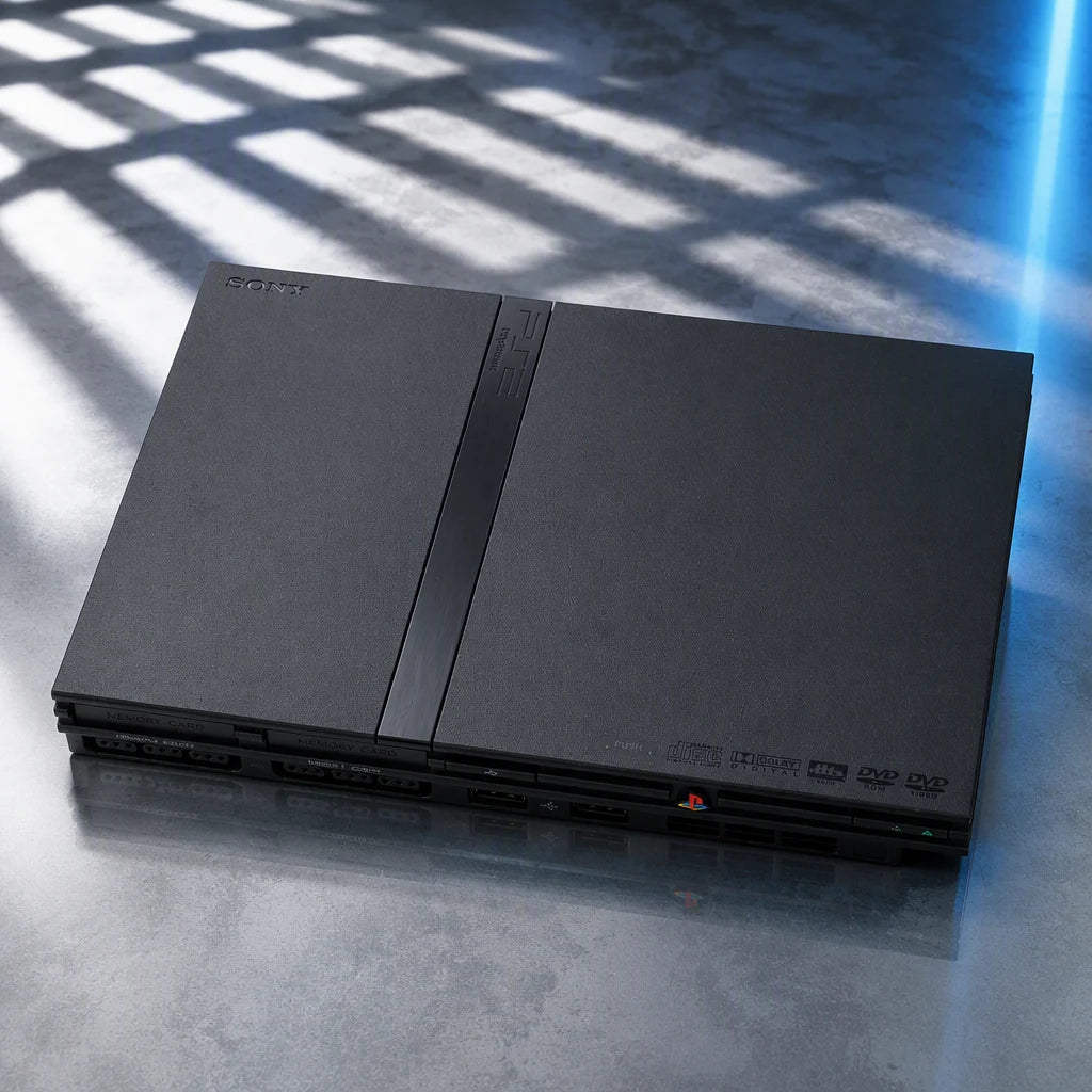 Representative PlayStation 2 Slim system one standalone black PlayStation 2 Slim console under a shaped studio light pattern, not the specific RGM unit