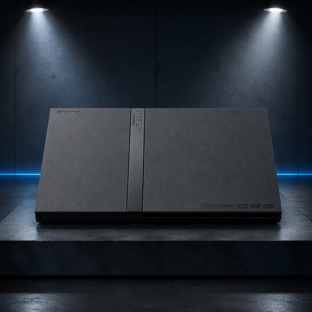 Representative PlayStation 2 Slim system one standalone black PlayStation 2 Slim console displayed alone in a dark museum alcove, not the specific RGM unit