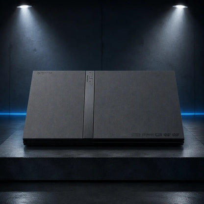 Representative PlayStation 2 Slim system one standalone black PlayStation 2 Slim console displayed alone in a dark museum alcove, not the specific RGM unit