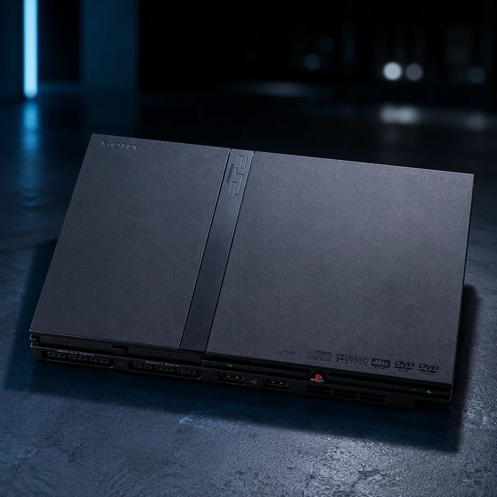 Representative PlayStation 2 Slim system one standalone black PlayStation 2 Slim console in a cinematic night interior with soft background lights, not the specific RGM unit