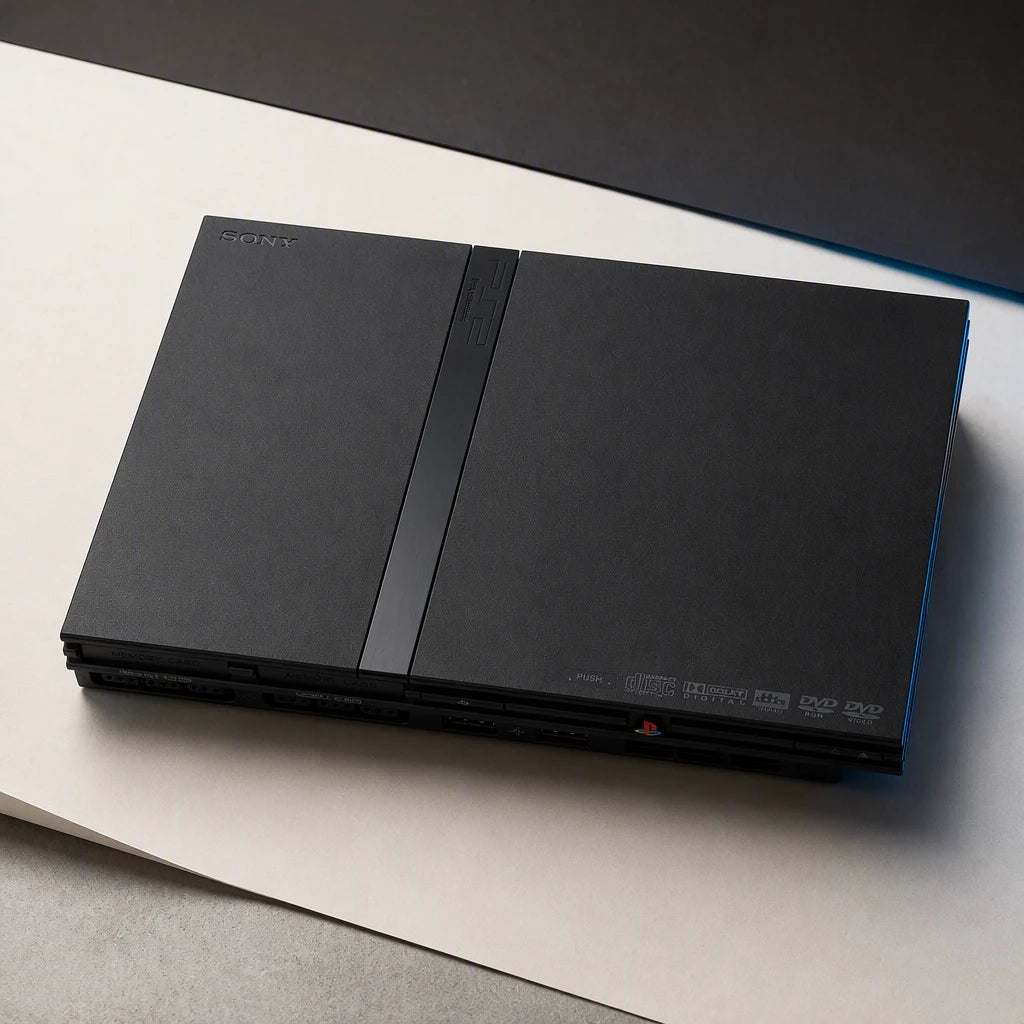 Representative PlayStation 2 Slim system one standalone black PlayStation 2 Slim console in a cream and charcoal editorial composition, not the specific RGM unit
