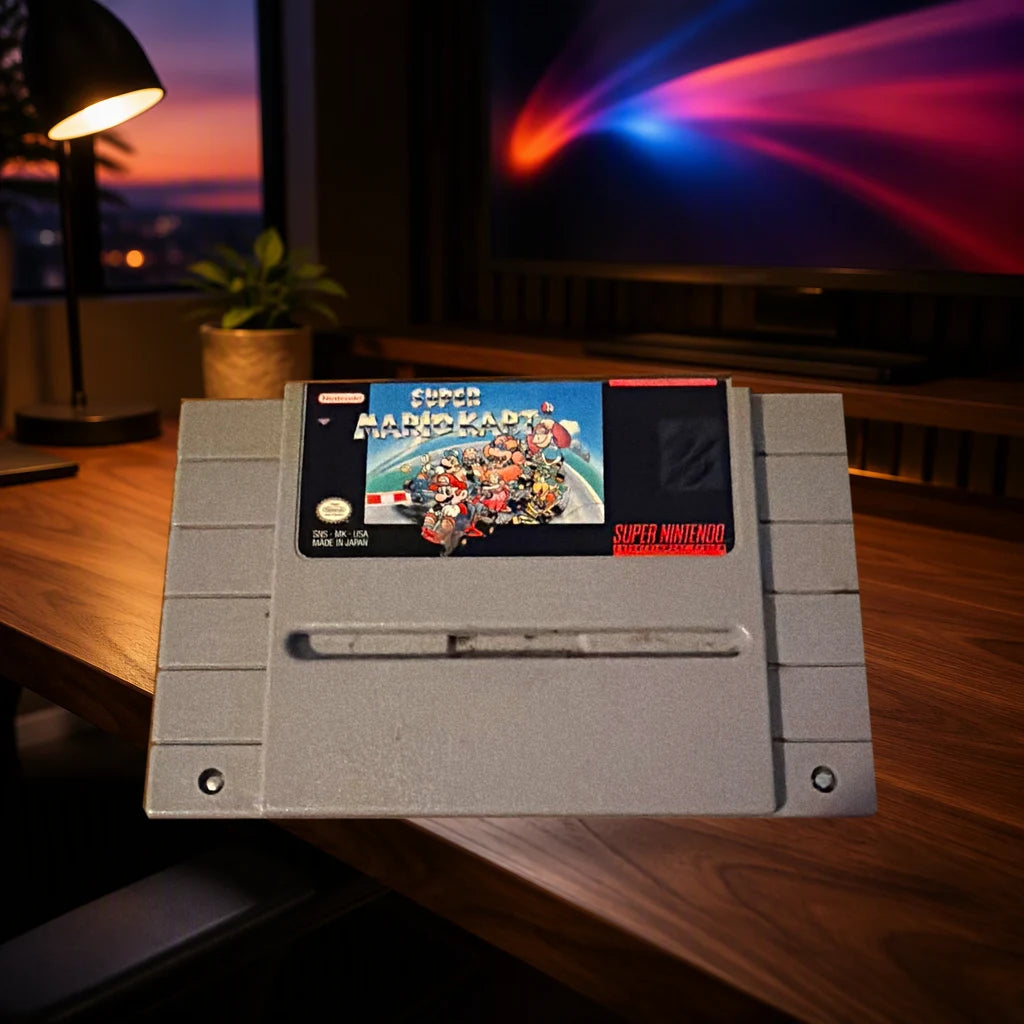 Representative Super Mario Kart loose usa cartridge on a warm walnut tabletop, not the specific RGM unit