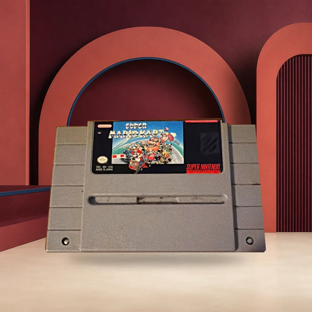 Representative Super Mario Kart loose usa cartridge in a red architectural studio, not the specific RGM unit
