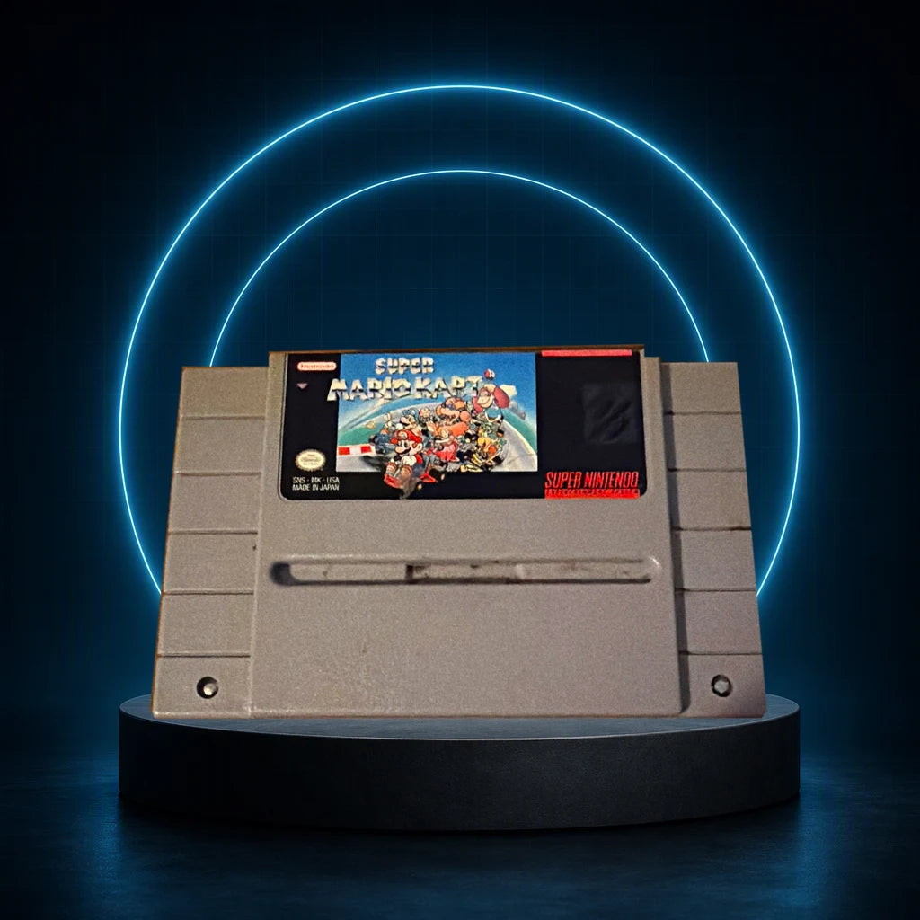 Representative Super Mario Kart loose usa cartridge on a blue halo display stage, not the specific RGM unit