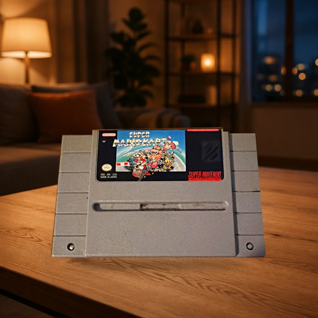 Representative Super Mario Kart loose usa cartridge on a warm living room table, not the specific RGM unit