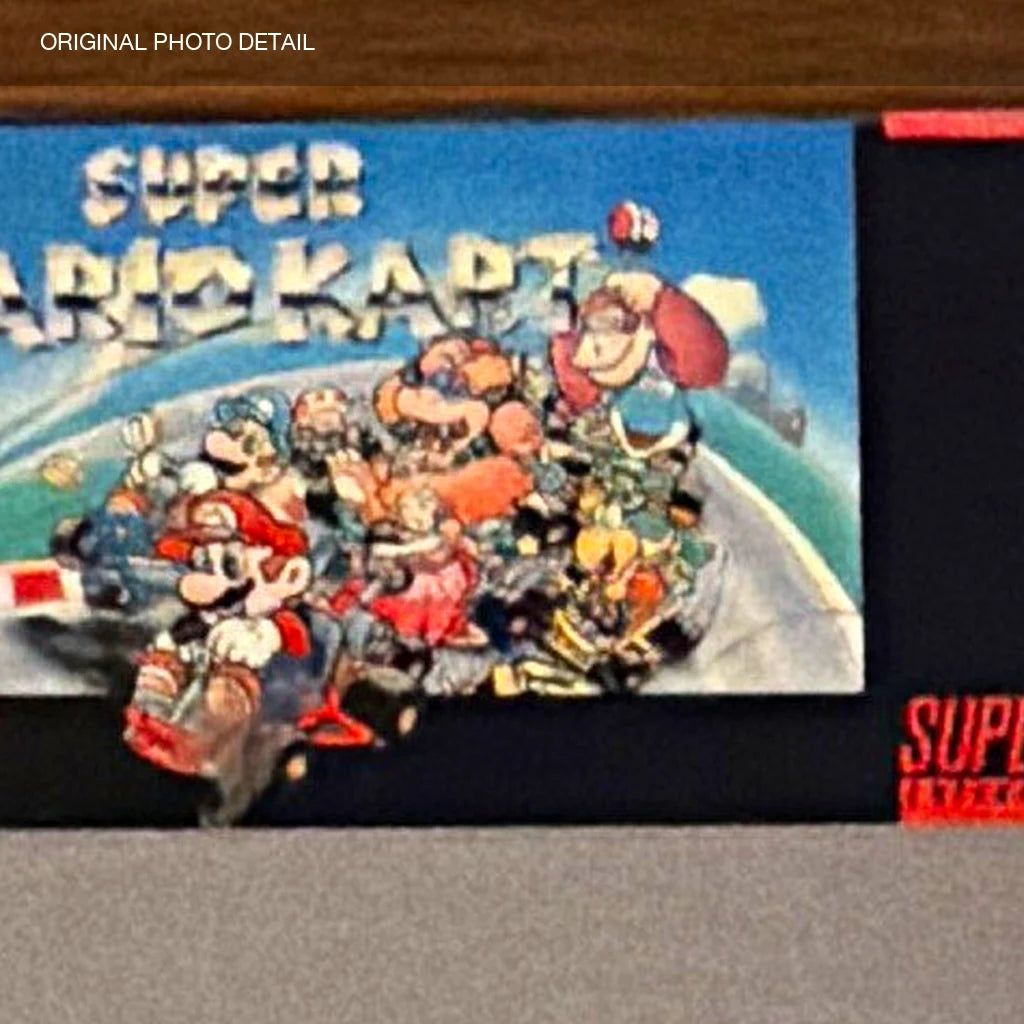 Representative Super Mario Kart loose usa cartridge in a close original-photo identity detail, not the specific RGM unit