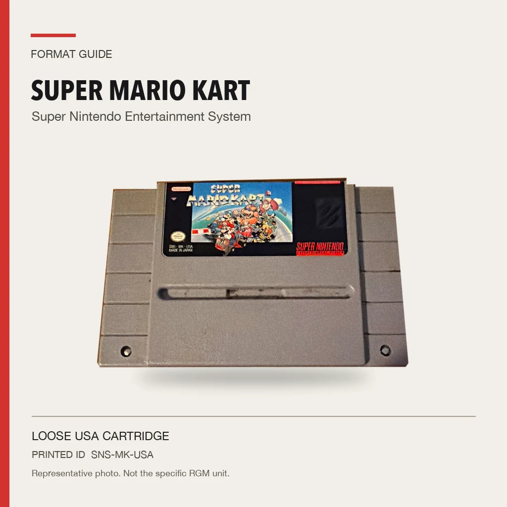 Representative Super Mario Kart loose usa cartridge in a factual format guide, not the specific RGM unit