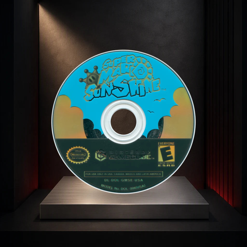 Representative Super Mario Sunshine loose usa game disc on a dark collector display plinth, not the specific RGM unit