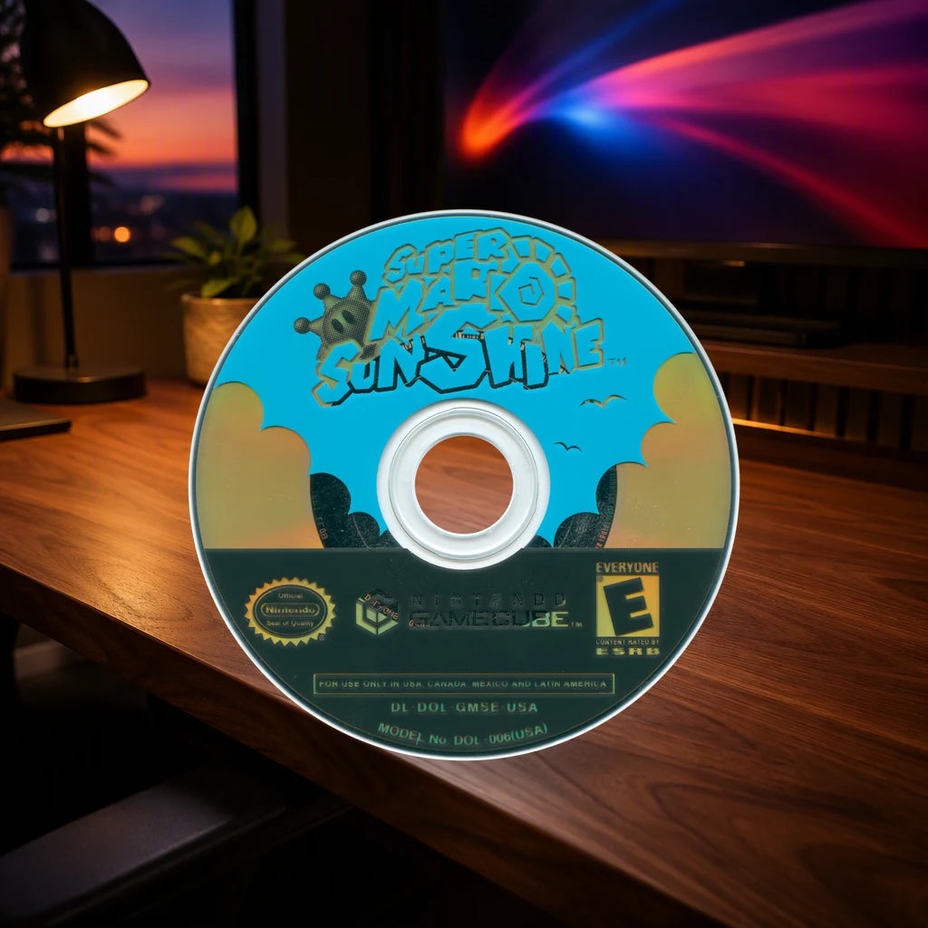 Representative Super Mario Sunshine loose usa game disc on a warm walnut tabletop, not the specific RGM unit