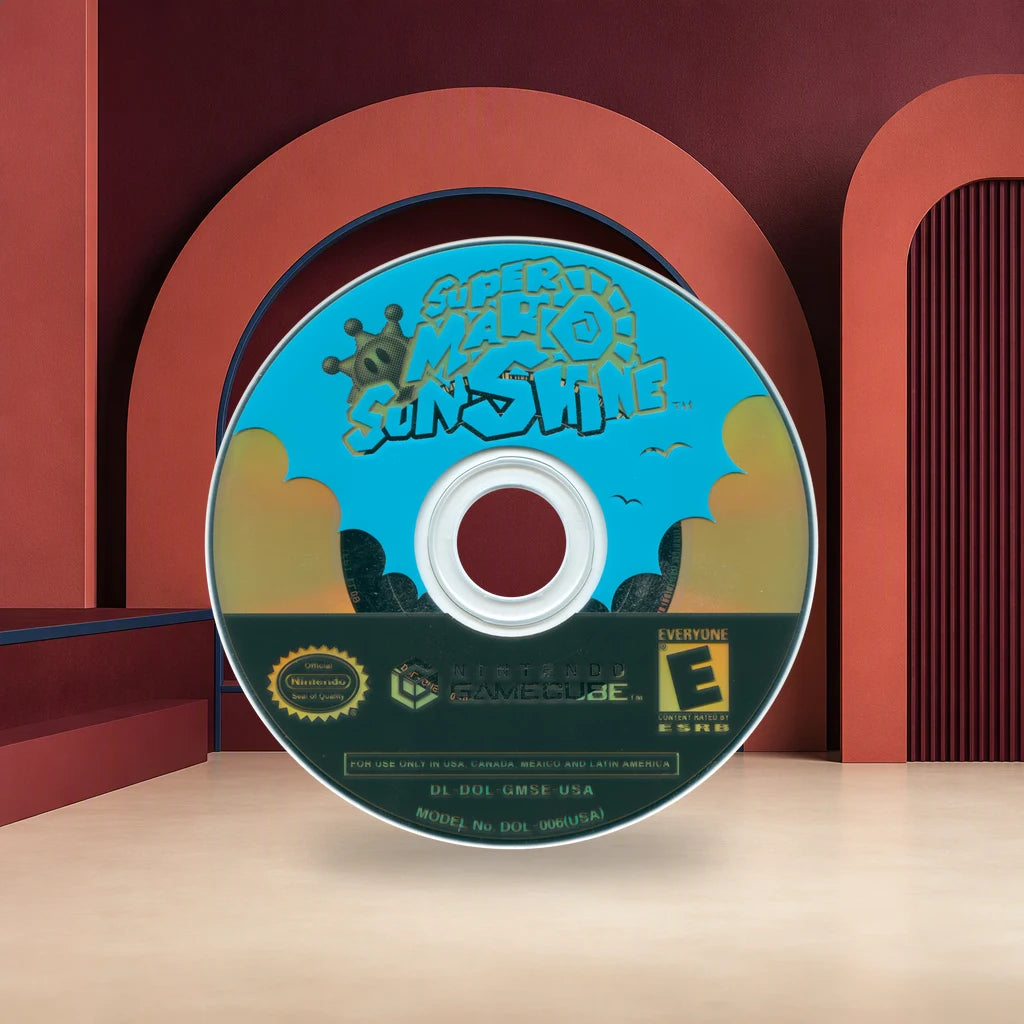 Representative Super Mario Sunshine loose usa game disc in a red architectural studio, not the specific RGM unit