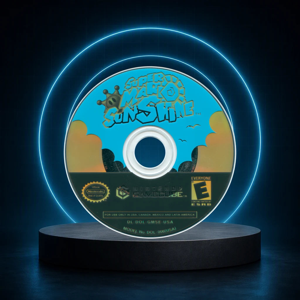 Representative Super Mario Sunshine loose usa game disc on a blue halo display stage, not the specific RGM unit
