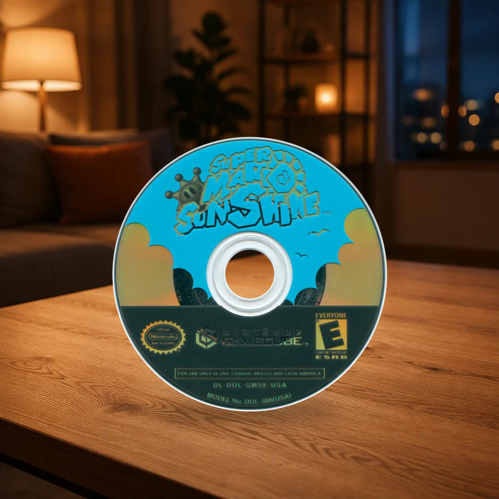 Representative Super Mario Sunshine loose usa game disc on a warm living room table, not the specific RGM unit