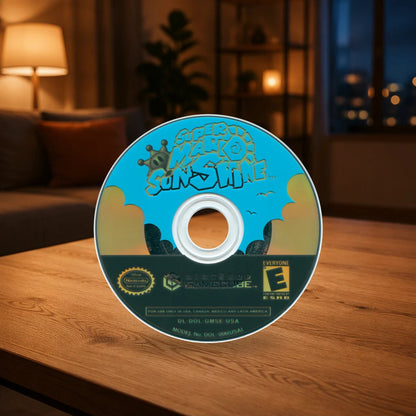 Representative Super Mario Sunshine loose usa game disc on a warm living room table, not the specific RGM unit