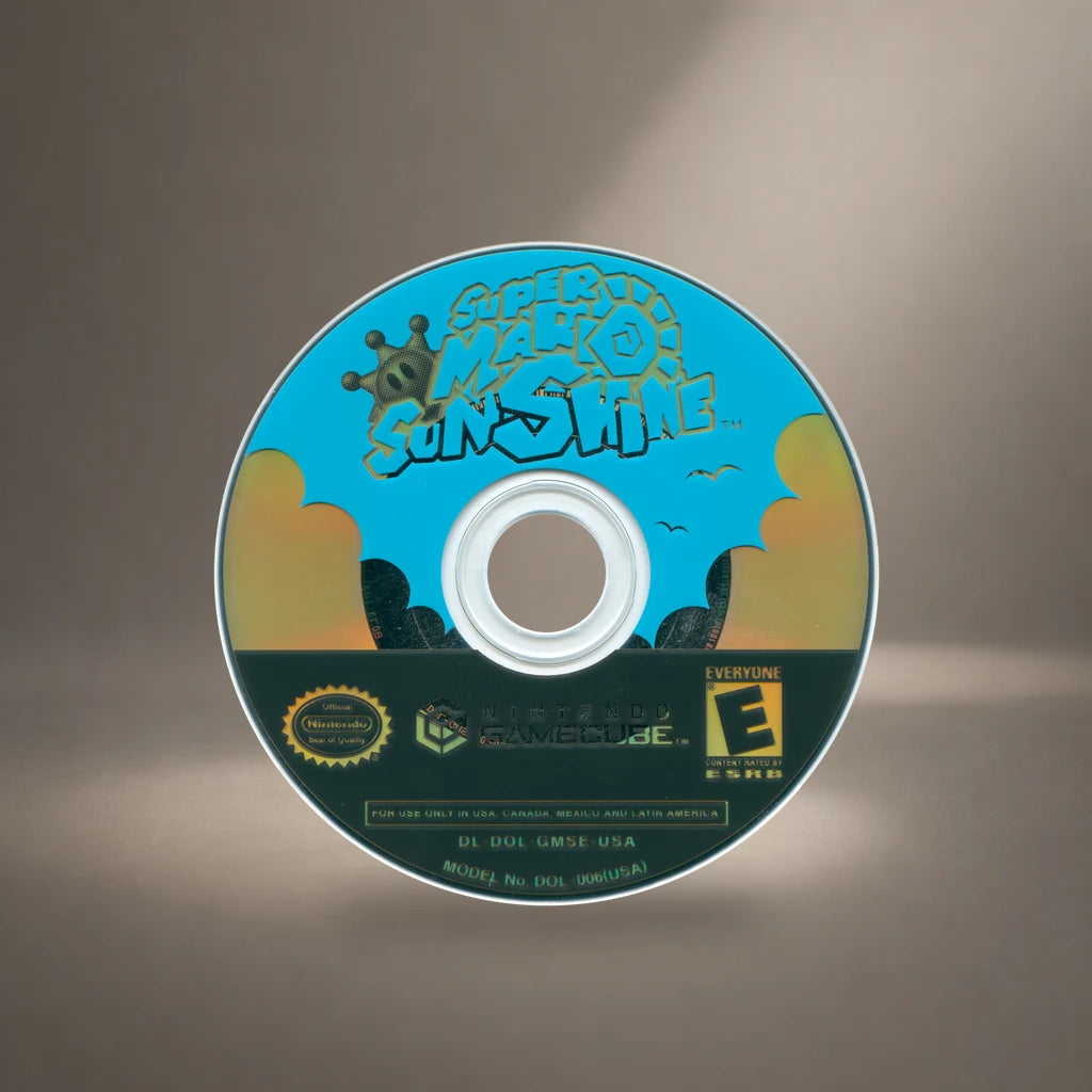 Representative Super Mario Sunshine loose usa game disc in a soft neutral gallery spotlight, not the specific RGM unit