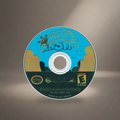Representative Super Mario Sunshine loose usa game disc in a soft neutral gallery spotlight, not the specific RGM unit