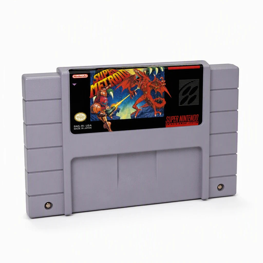 Representative Super Metroid one loose gray North American SNES cartridge on a clean white catalog background, not the specific RGM unit