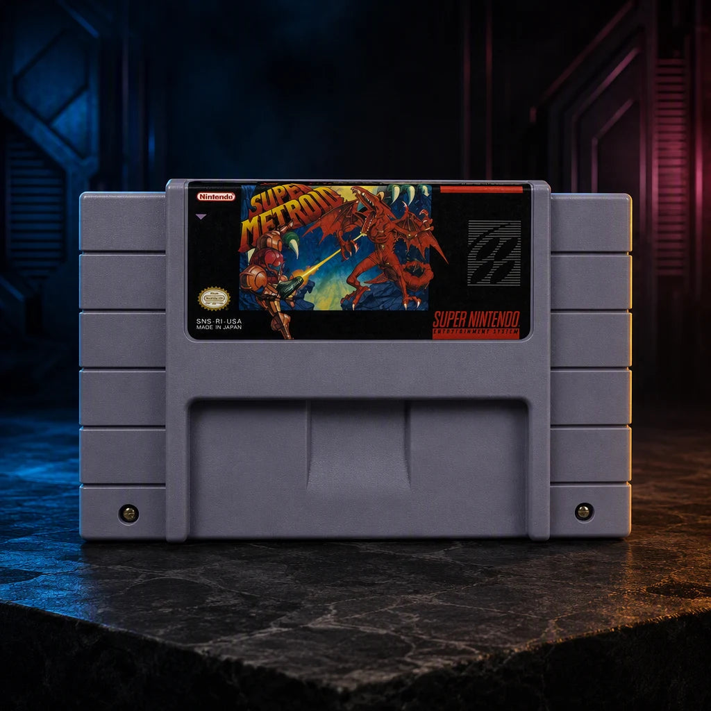 Representative Super Metroid one loose gray North American SNES cartridge in a dark collector studio with sculpted side light, not the specific RGM unit